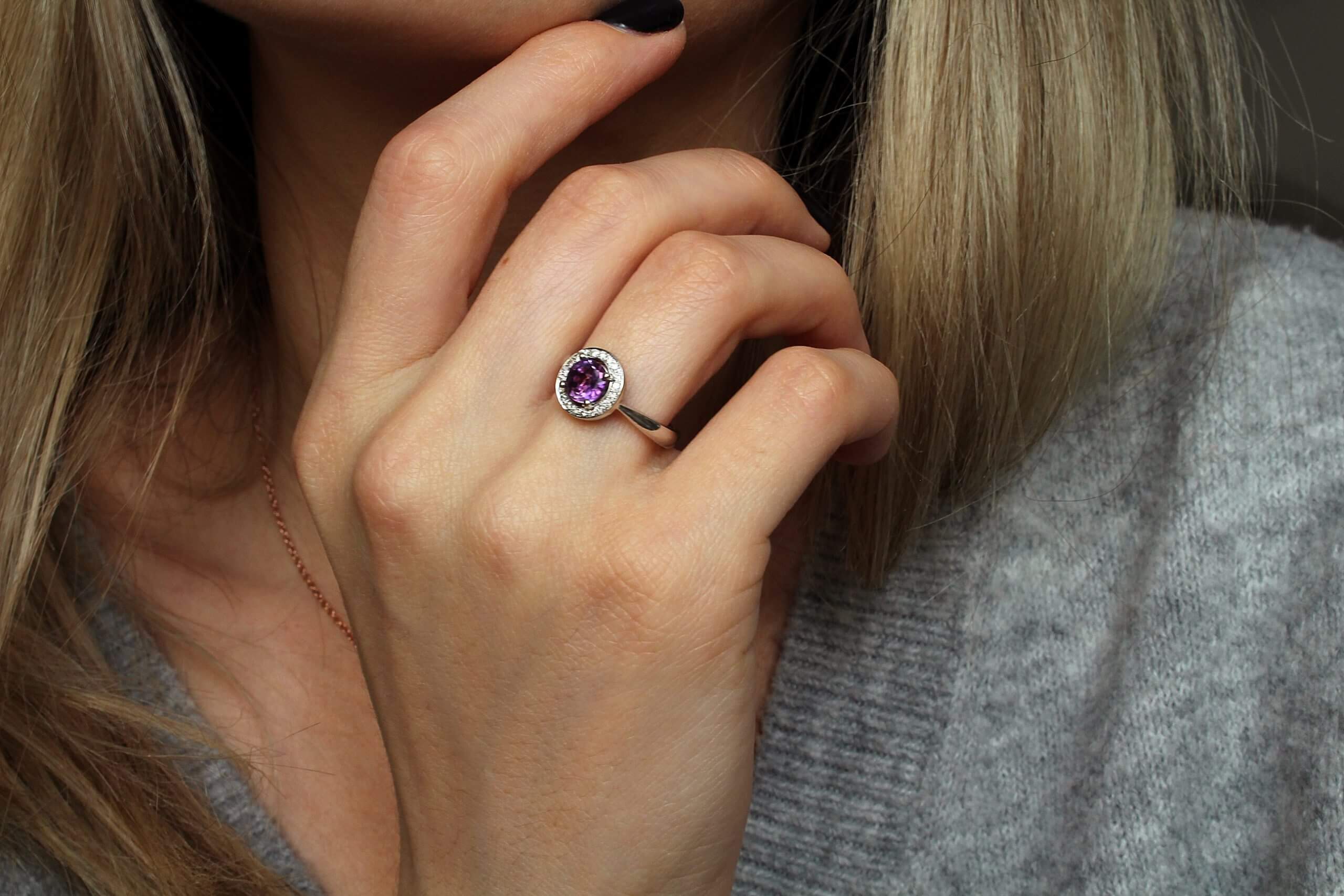 Kite Amethyst Engagement Ring Set with Pavé Diamond Wedding Band - Aurelius  Jewelry