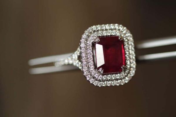 double halo diamond ruby ring