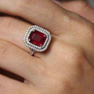 ruby and diamond halo gold engagement ring