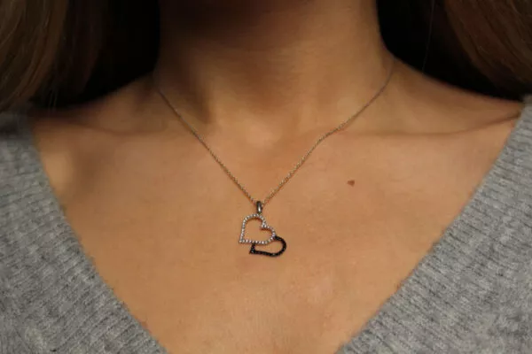 Double Heart 14K Gold Diamond Necklace - Image 3