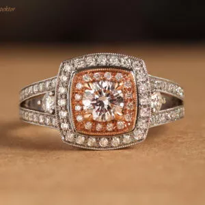 gold pink diamond ring with diamond double halo