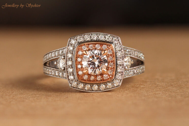 gold pink diamond ring with diamond double halo